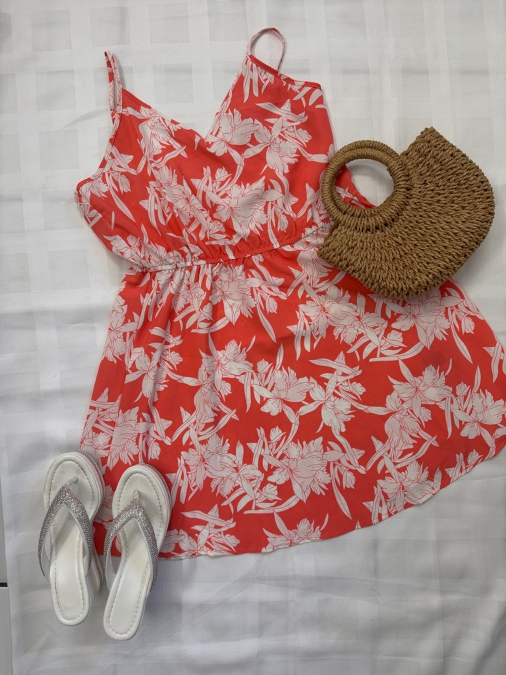 SHEIN Coral and White Floral Spaghetti-Strap Midi Dress